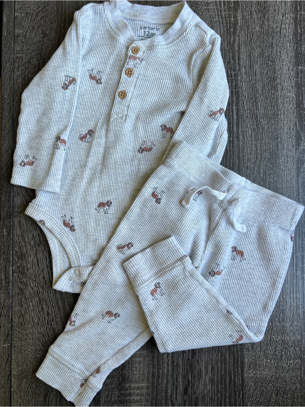 Carter’s 12M Waffle Knit Puppy Matching Set Neutral Baby Outfit